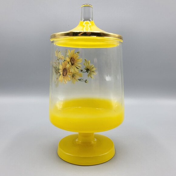 Vintage MCM Footed Glass Vanity Jar with Lid Yellow Floral Sunflower Home Decor - Picture 7 of 12